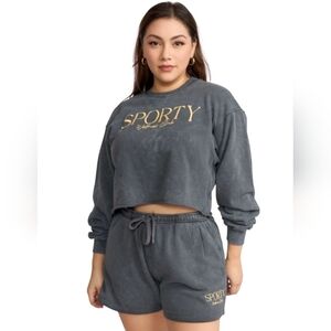 RECYCLED THREADS Sporty Wellness Club Sweatshirt/shorts Set. Charcoal.XS NWT